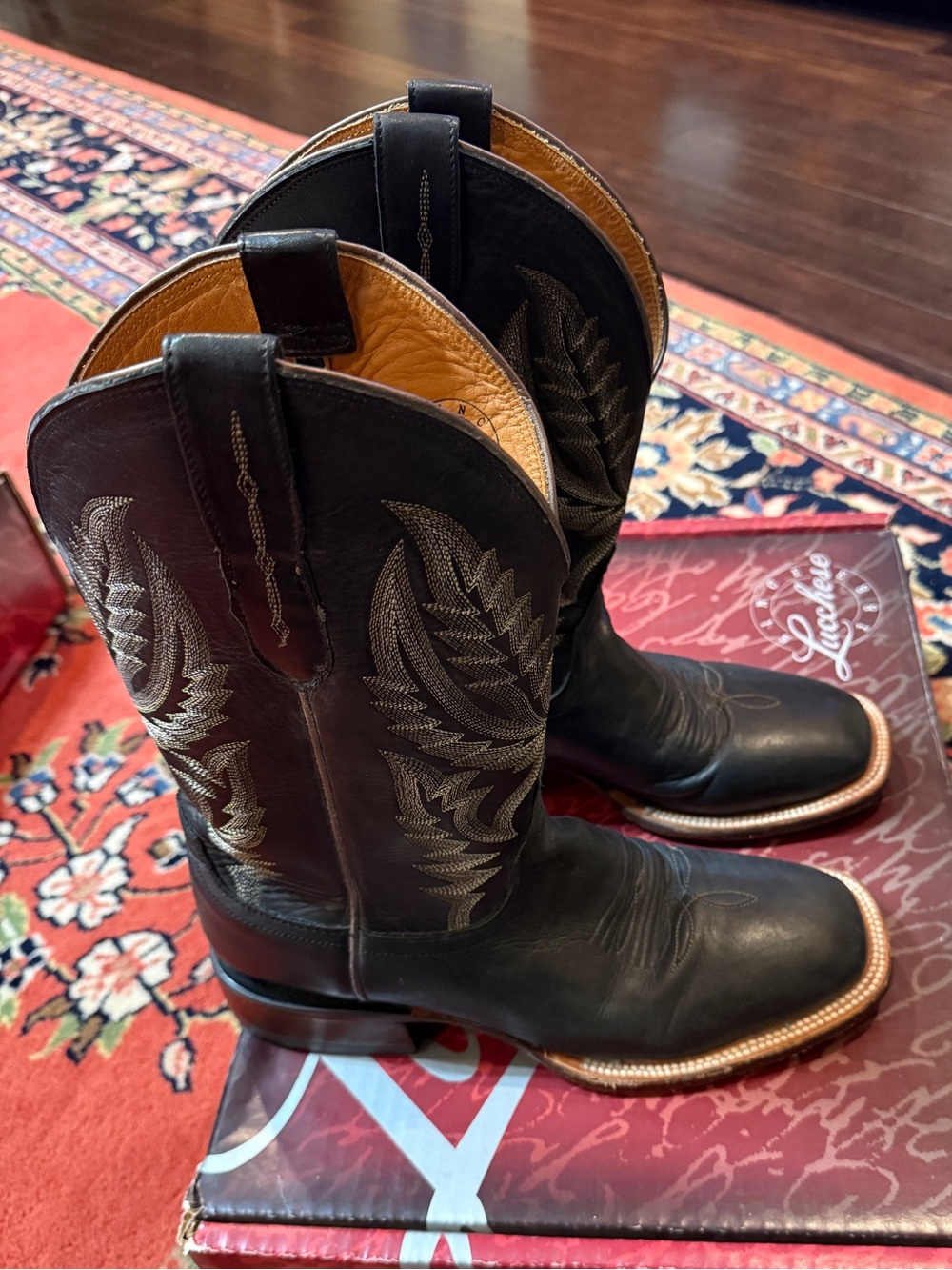 Lucchese 1883 Mens 9D Black Ranch Hand Leather Wide Square Toe Cowboy Boots M181